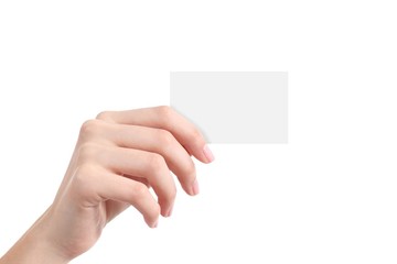 Beautiful woman hand showing a blank business card