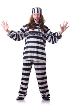 Prisoner in striped uniform on white