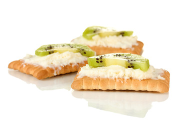 Cookies with milk cheese and kiwi, isolated on white