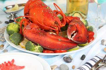 Red lobster on platter on serving table close-up