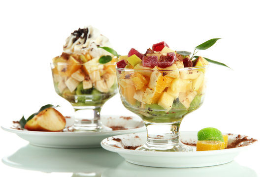 Fruit Salad In A Sundae Dish Isolated On Whit