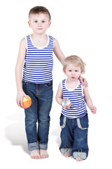 Two brothers in striped singlets and jeans with small balls