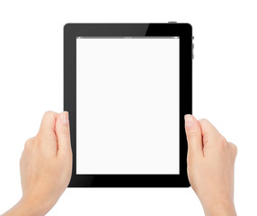 female hands holding a tablet touch computer gadget with isolate