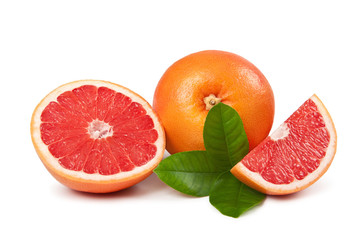 Grapefruit with slice detail on white background