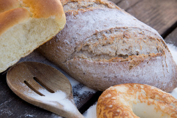Bread with bagels and wood spoon