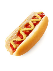 Hot Dog with mustard and ketchup isolated on white background