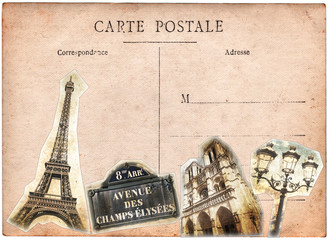 Naklejka premium Collage vintagede monuments parisiens, la Tour Eiffel, Notre-Dame de Paris, Champs Elysées sur une carte postale ancienne, Paris France