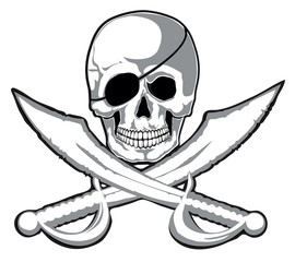 Fototapeta premium Smiling skull and two pirate swords isolated. Vector