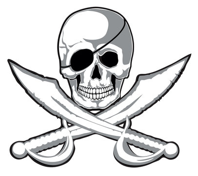 Smiling skull and two pirate swords isolated. Vector