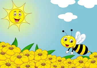 Crédence de cuisine en verre imprimé Oiseaux, abeilles Abeille heureuse sur le champ de fleur