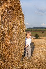 Naklejka na ściany i meble Little boy on goden hay field
