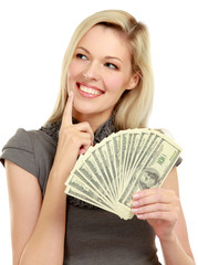 A young woman with dollars in her hands