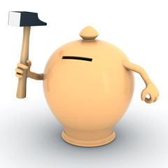 terracotta money box with arms and hammer on hand