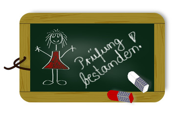 Tafel mit Schriftzug, Prüfung bestanden!