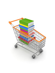 Colorful books in a shopping trolley.
