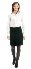 Full body of walking businesswoman, on white