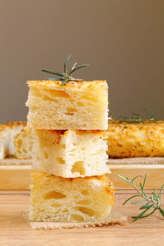 Sliced focaccia bread with rosemary