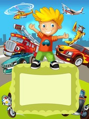 The vehicles - the label with kid - illustration