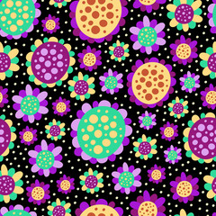 Seamless pattern with different flowers on a dark background