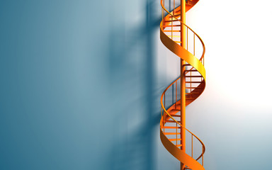 Orange spiral staircase on the blue wall
