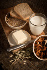 healthy  meal with bread,milk and cereals