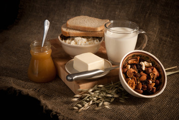 healthy  meal with bread,milk and cereals