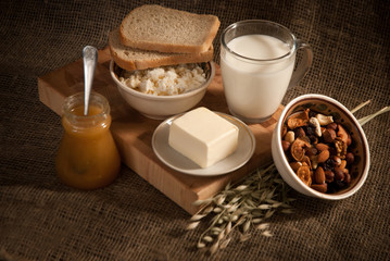 healthy  meal with bread,milk and cereals