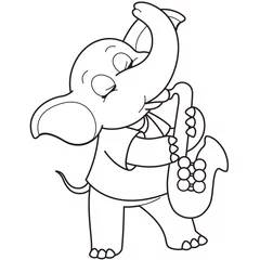 Deurstickers Cartoon olifant speelt een saxofoon © JoyImage