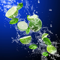 Limes in water splash