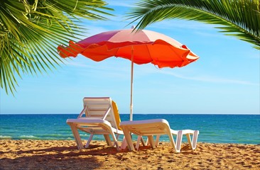 Beach chair and umbrella with palm trees on the beach