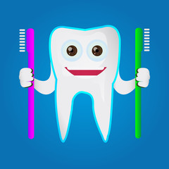 Tooth character holding toothbrush