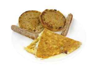 Breakfast omelet with sausage, English muffins