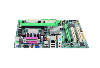 Printed computer motherboard board, isolated on white background