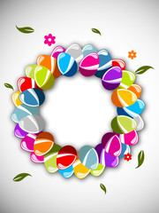 Easter background with colorful, glossy eggs on grey background.