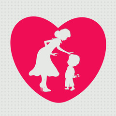 White silhouette of a mother and her son in a pink heart shape f