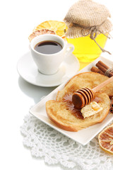 White bread toast with honey and cup of coffee, isolated