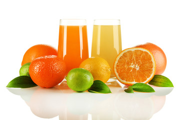 Glasses of juise with leafs and fruits isolated on white