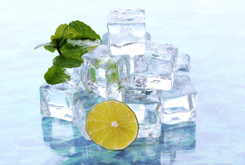 Ice with mint and lime on light background