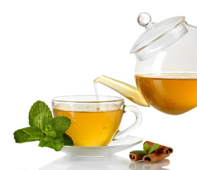 Cup of tea with mint and cinnamon isolated on white