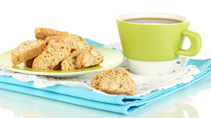 Aromatic cookies cantuccini and cup of coffee isolated on white