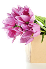 Beautiful bouquet of purple tulips in paper box, isolated