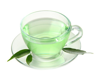 Transparent cup of green tea, isolated on white