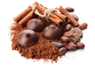 Composition of chocolate sweets, cocoa and spices, isolated