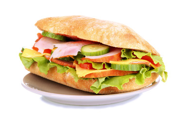 Fresh and tasty sandwich with ham and vegetables isolated