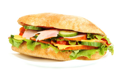Fresh and tasty sandwich with ham and vegetables isolated