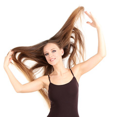 Obraz premium Portrait of beautiful woman with long hair, isolated on white