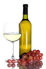 White wine glass and bottle of wine isolated on white