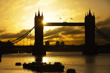 Silhouette Tower Bridge at sunrise in London