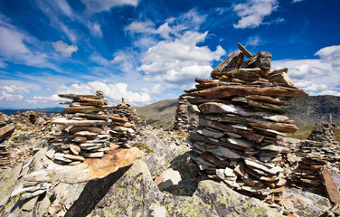 Small stone piles on mountain close up