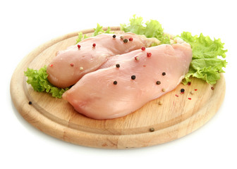 raw chicken meat on cutting board, isolated on white
